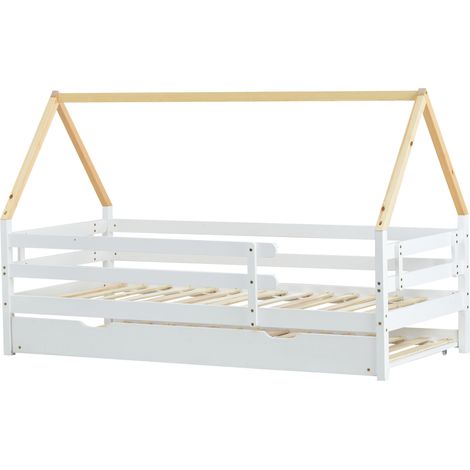 Letto casetta per bambini con letto estraibile, bianco e naturale, 90x200 cm (1/5)
