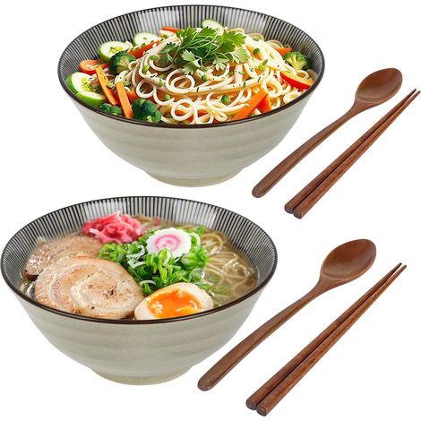 Lot 2 bols ramen japonais 1100 ml avec baguettes kaki