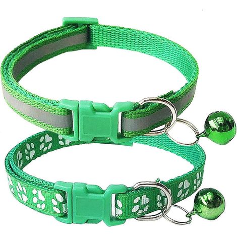 Lot de 2 colliers pour chat avec empreintes de pattes et éléments réfléchissants, clochette et boucle réglable, en polyester vert. (1/3)