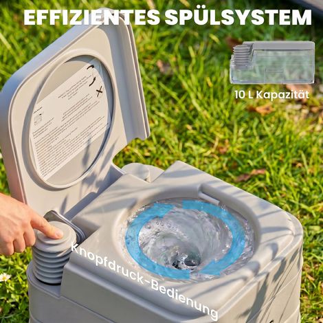 Toilettes portables extérieures avec chasse d'eau et réservoir à déchets, couvercle gris, en plastique robuste.