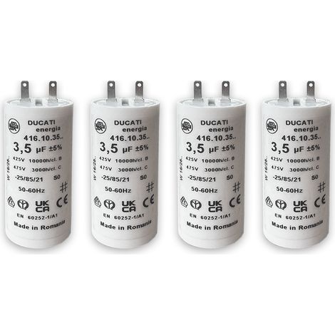 Condensateurs pour réparation de moteur de volet roulant SOMFY, SIMU - Condensateur cylindriques à 2 cosses Faston 2,8 - spécial remplacement - pour moteur de volet. - 3,5 uF - Lot de 4