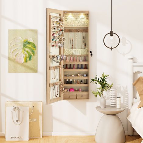 Armoire à Bijoux avec Miroir et Lumière LED Multiples Rangements avec Crochets pour Porte 120 x 36 x 10 cm Natural (1/2)