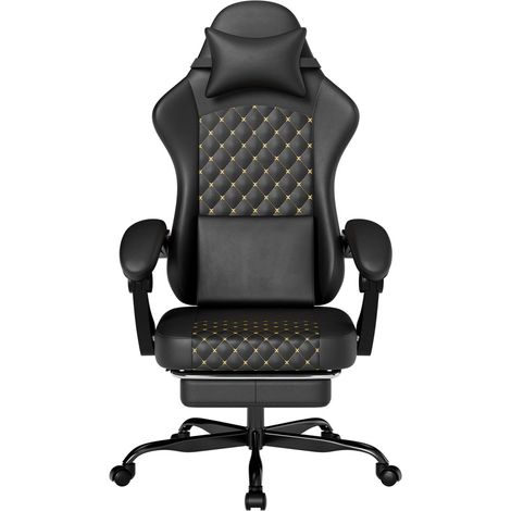 Fauteuil de bureau et gaming similicuir noir, massage lombaire, repose-pieds, inclinable 150 kg, 58,5x63x120,5-130,5cm (1/5)