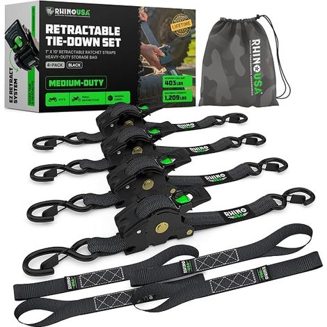 Sangles à Cliquet Rétractables (Paquet de 4) - 2.5cm x 3m (540kg Résistance à la Rupture) - Sangles d’Arrimage Automatiques et Robustes pour Camion, Remorque, Moto, Vélo & Plus - Noir (1/5)