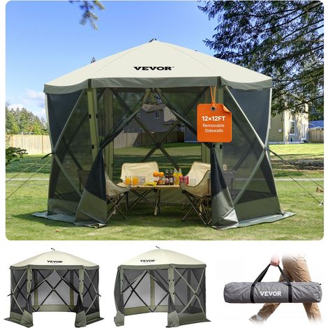 Pop-Up-Pavillonzelt, Pop-Up-Zelt mit 6-seitigem Baldachin, Sonnenschutz mit 6 abnehmbaren Sichtschutz-Windtüchern und Netzfenstern, 10 x 10 Fuß, Schnellaufbau-Zelt mit Moskitonetz, Armeegrün (1/5)