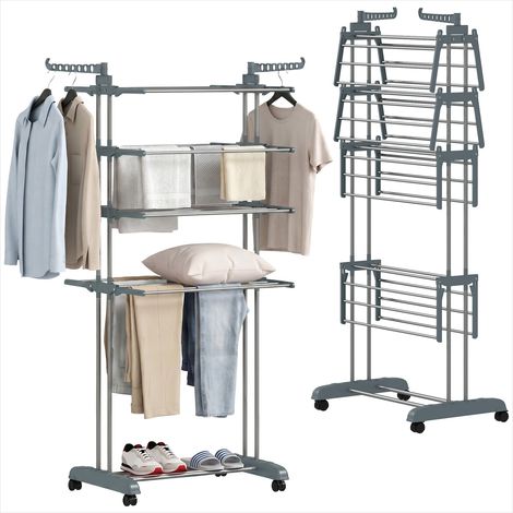 Porte-manteau Pliable séchoir à linge 4 niveaux sur roulettes (1/5)