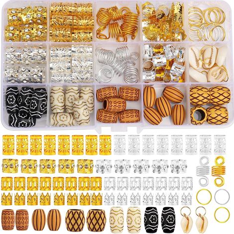 Accessoires Cheveux Dreadlock - 200 Pièces Cuff Métalliques Anneaux Spirales Tubes Imitation Bois - Pour Tresses Extensions Coiffures - Lot Complet (1/5)