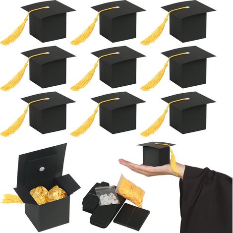 30 cajas de dulces de graduación, caja negra con forma de gorro para celebraciones y dulces de chocolate.