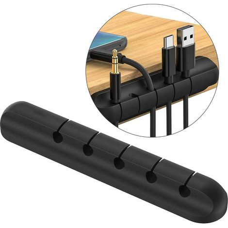 Attache-câbles noire, clip de rangement, fixation élégante et auto-adhésif, en silicone pour bureau ou maison. (1/4)