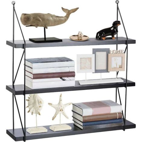 Trade Shop - BÜCHERREGAL WANDREGALE MODERNES DESIGN HOLZ METALL 3 REGALE SCHWARZ - (1/5)