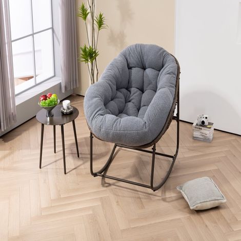 Fauteuil à bascule d'extérieur en rotin, avec coussin rembourré, idéal pour véranda, salon, terrasse ou jardin, gris. (1/5)
