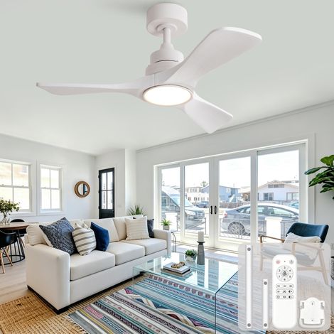 Ventilateur de plafond 36 pouces blanc, 3 pales en bois, télécommande, LED 3CCT, moteur DC réversible
