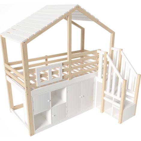 Kinder-Hochbett 90x200 cm in Hausform mit Stauraumtreppe, Weiß und Natur (1/5)