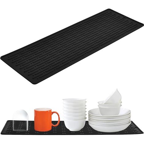 40.5x14.5cm Tapis Égouttoir Vaisselle Silicone de Séchage pour Cuisine Tampon Drainage en Antidérapant Résistant à la Chaleur Rangement Couverts, Noir (1/5)