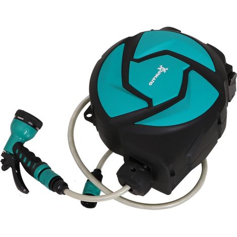 Dévidoir Automatique Auto-Enroulable pivotement 180 degrés Tuyau Arrosage 11m avec Buse Multi-Jets Support de Fixation Mural Vert D'eau Noir (1/5)