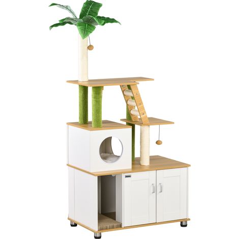 2-in-1 Hidden Cat Litter Box, Green Leaf Cat Tree, House, Ladder, Scratching Posts, Platforms, Indoors -Oak (1/5)