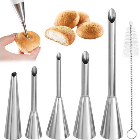 Embouts pour poche à douille - 5 pièces - Avec brosse de nettoyage - Acier inoxydable - Réutilisables - Douilles à crème - Pour garnir Jam, pâte feuilletée, beignets, pain (1/5)