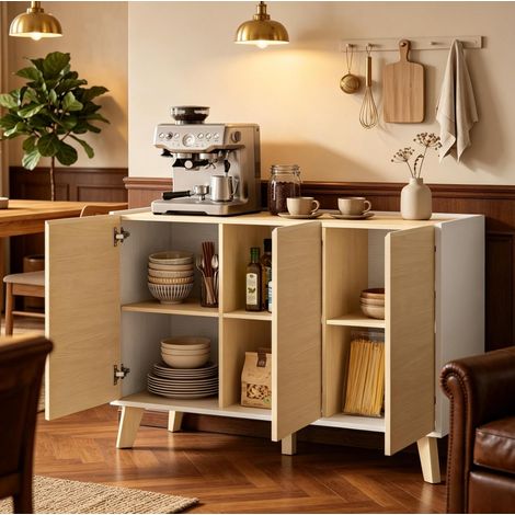 Aparador de cocina de 3 puertas y 6 compartimentos 120 x 35 x 73,5 cm natural y blanco DESVIAE (1/5)