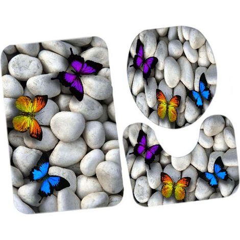 Ensemble de siège de toilette et tapis de sol en flanelle imprimée en 3D avec motif papillon et éponge de 10 mm (3 pièces) (1/5)
