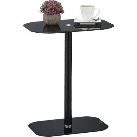 Console, Acier, Verre, Table Bout de canapé pour Le Salon, Coins arrondis, HxLxP : 54,5 x 44,5 x 29,5 cm, Noir (1/5)