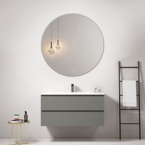 Mobile bagno sospeso cannettato 100 cm Grigio Londra Lavabo in Ceramica Specchio Tondo - Fiji Paint (1/3)