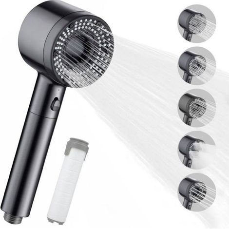 Pommeau De Douche - Haute Pression 5 Modes - Bouton Pause Économie D Eau - ABS Acier Inoxydable 304 - 1 Pièce (1/4)