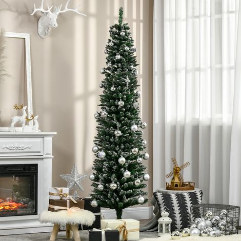 Sapin de Noël Slim avec 570 branches, Sapin de Noël enneigé artificiel haut et étroit avec base amovible et pliable, Φ53x190cm, Vert (1/5)