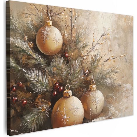 TABLEAU SUR TOILE Noël - Boules - Beige - Or Décoration Murale 40x30 cm