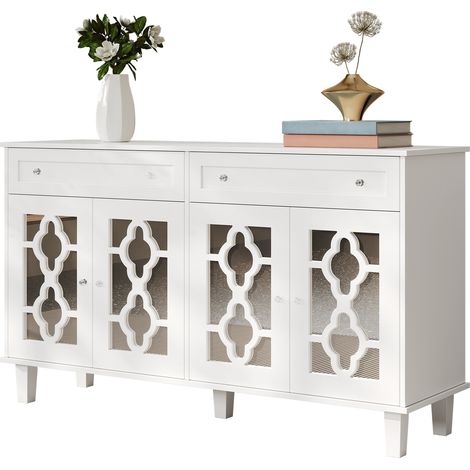 Credenza 140x40x83 cm, Ante Specchio, Ripiani Regolabili, 2 Cassetti, Design Moderno, MDF, Bianco (1/5)