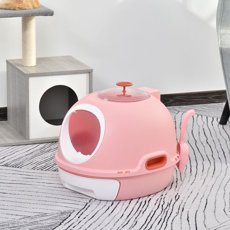 Bac à litière pour chat, maison de toilette portable, tiroir coulissant, porte battante, lucarne, pelle fournie, rose, 47 x 55 x 44
