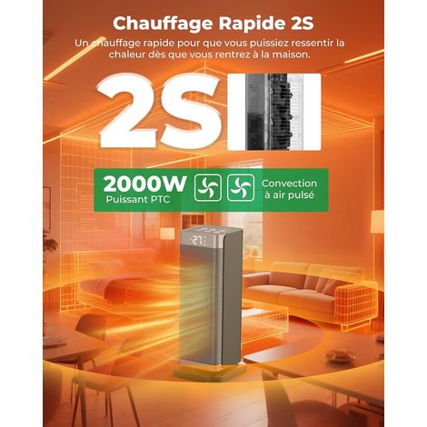 Radiateur électrique PTC 2000 W silencieux, 3 niveaux, télécommande, protection chute et surchauffe (1/5)