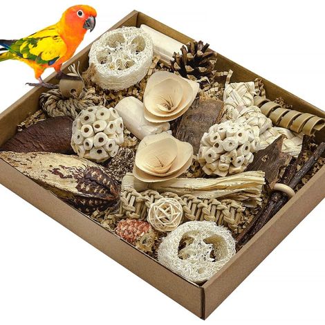 Juguete natural para pájaros, caja trituradora para loros, periquitos, cacatúas, agapornis y aves pequeñas y medianas (color natural). (1/5)