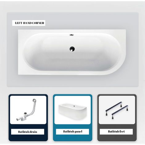 Bañera asimétrica - 150 x 75 cm - Derecha - con Panel Blanco - Patas - Desagüe Cromado - AVITA