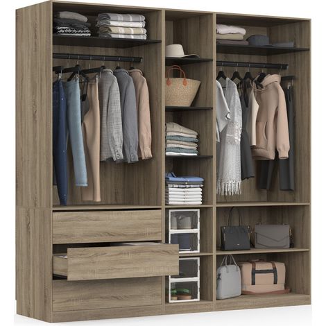 Dressing modulable TAYLOR 200 x 55 x 200 cm 3 modules avec penderies + étagères + tiroirs hêtre et noir