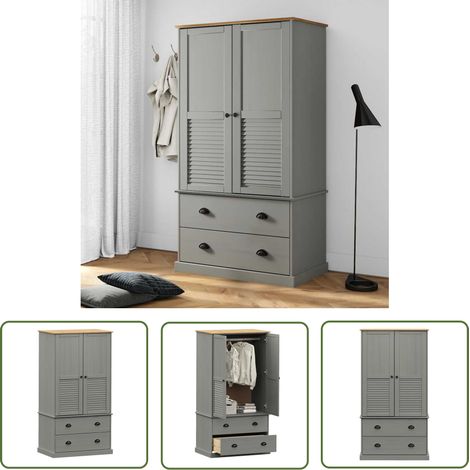 The Living Store Garde-robe VIGO gris 90x55x170 cm bois massif de pin - Garderobe - Armoire - Meuble Rangement - Dressing - Commode (1/5)