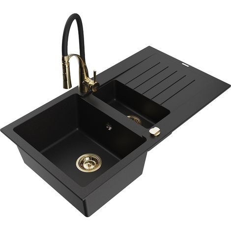 Mexen Matias Granitspüle 1,5-fachig mit Abtropffläche und Küchenarmatur Aster, schwarz - 6502-77-73450-57-G (1/5)
