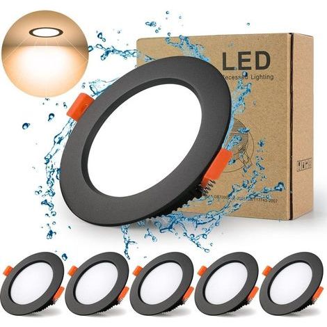Spot Led Encastrable Noir Extra Plat, 5 Pack 7W 700LM = 70W incandescence, IP44, 3000K Blanc Chaud, AC 220-240V,Découpe 70-85mm,Rond ultraslim plafond encastré Pour salle de bain,Cuisine,Salon (1/5)