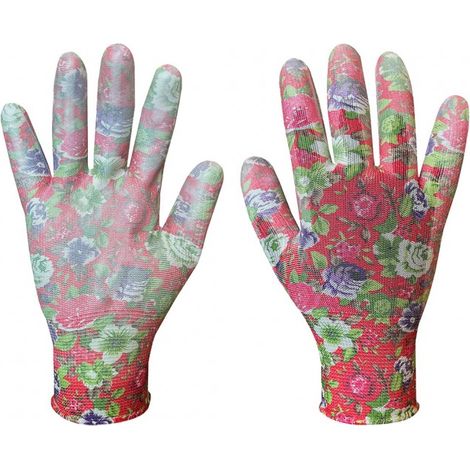 Guantes de jardinería con revestimiento de PU, estampado de rosas, talla 7". (1/5)