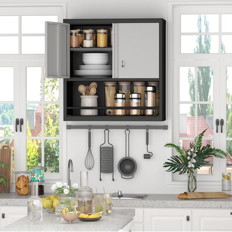 MEUBLIV Armoire de rangement murale en métal noir 2 portes avec étagère réglable (1/5)