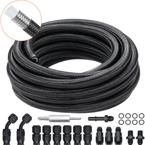 VEVOR Kit Tuyau deEssence 6AN Durite Essence Ø 12 mm Longueur 7,62 m Tressee en PTFE et Inox Conduite de Carburant Gasoil avec 15 Adaptateurs Raccords Pivotants pour Moteur Voitures Motos Tracteurs