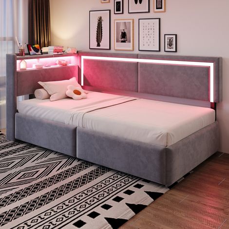 Lit canape-capitonne-LED-USB-tete de lit rangement-rangement hydraulique-velours gris clair-218x99x87cm-Sans Matelas (1/5)