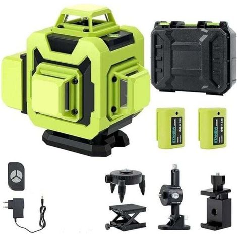 Livella laser 360° x 4 per cantieri edili, autolivellante, livelli laser 4D con 16 linee laser, livellamento automatico, supporto girevole, telecomando, 2 batterie da 2400 mAh, autolivellante e modali (1/4)