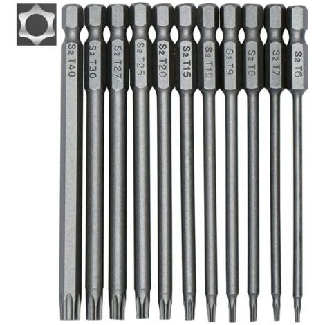 11-teiliges langes Torx-Bit-Set für Schraubendreher und Bohrmaschinen – Magnetische Bits – 1/4"-Sechskantantrieb – Größen T6 bis T40 – Länge 100 mm
