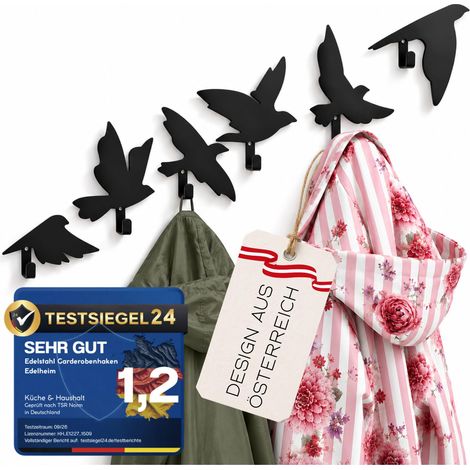 Lot de 6 crochets muraux - Noir - Motif oiseaux - Crochet mural design en acier inoxydable pour le couloir - Porte-manteau mural stable avec montage à vis - Charge maximale : 5 kg (1/5)