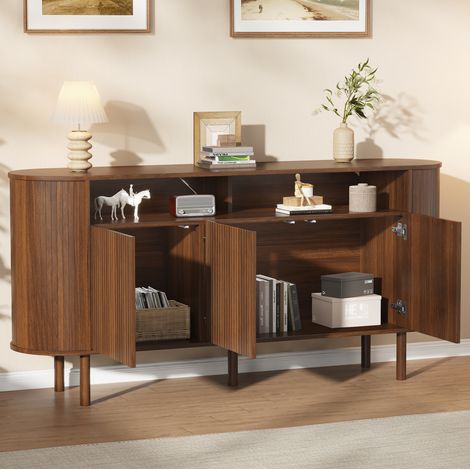 Sideboard 160×40×78.5cm, modern Kommode mit 3 Wellentüren & offenem Ablagefach, Massivholzbeine, stabiler Schrank aus Spanplatte für Wohnzimmer Flur Esszimmer, bis 75kg belastbar, dunkelbraun (1/5)