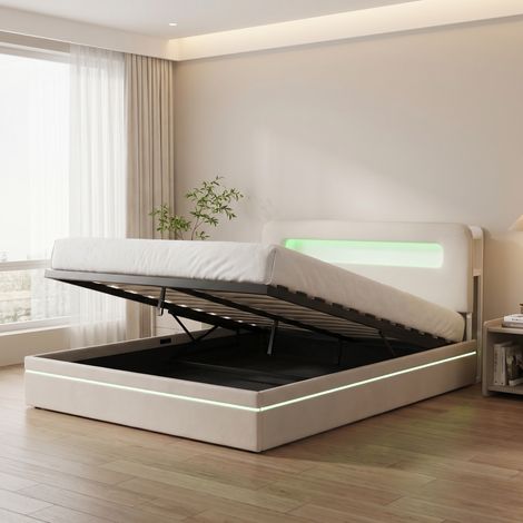 Doppelbett mit Stauraum 160 x 200 cm, LED-Lichtleiste, beige Samtpolsterung, hydraulischer Lattenrost und Bettkasten