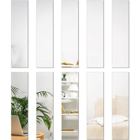 Mirror Tiles, 5 x 20cm Stripe Wall Stickers, Frameless Acrylic Removable Mirror Sheets for Home Living Room Bedroom Decor (10pcs) (1/5)