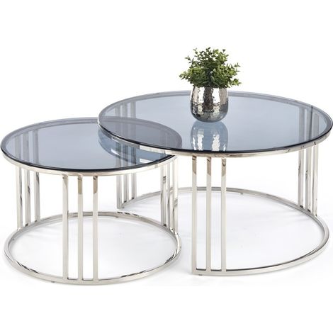Conjunto mesa de centro Houston 1503, Plata, 45x0x0cm, Diámetro: 80, Vidrio templado, Redonda, Parcialmente montado