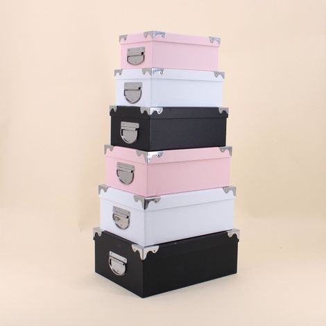 Lot de 6 boites de rangement en carton rose, blanc, noir