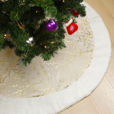 Jupe d'arbre de Noël 48"/ 120cm,Couverture de Sapin en Peluche Blanche avec Motif de Peinture à Chaud,Ornement de Couvre-Pied pour Sapin de Saison pour Placer des Cadeau Noël,Beige & Blanc GROOFOO (1/5)